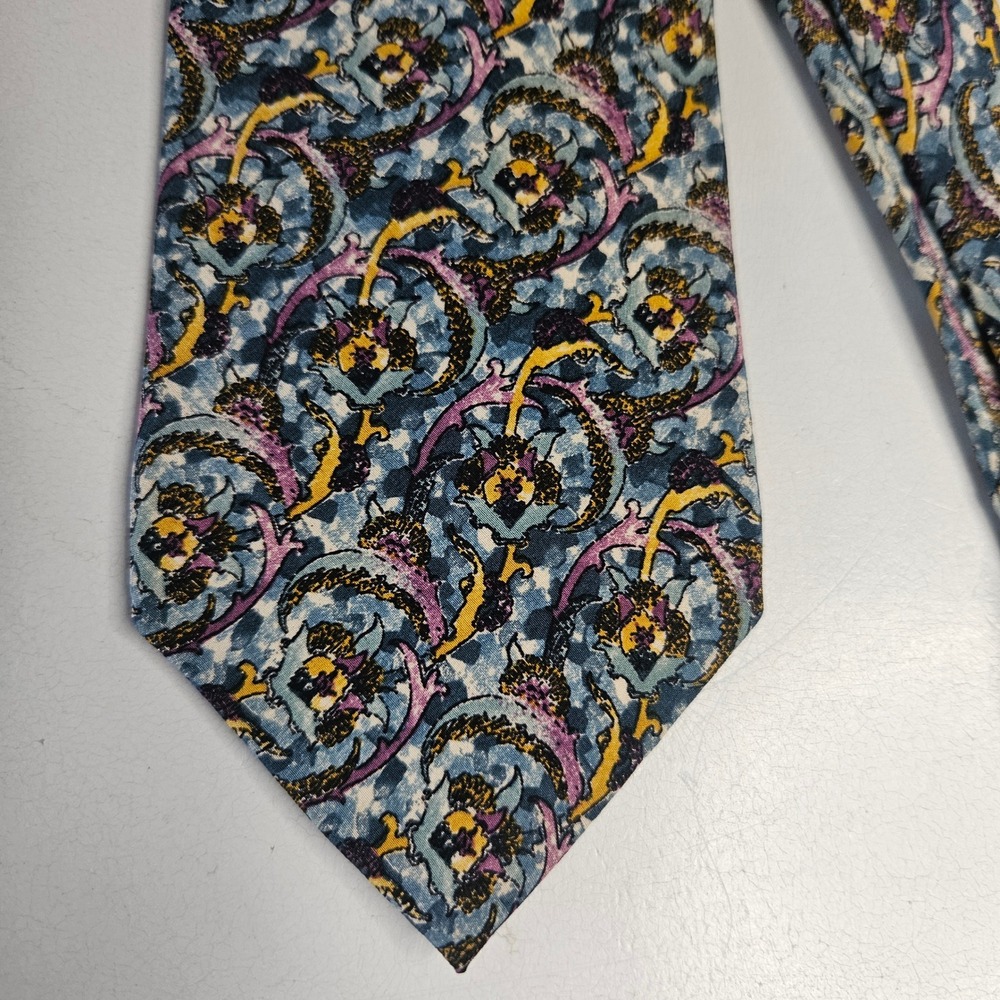 Christianā Dior Monsieur Silk Tie Blue Purple Gold Ornate Floral Scroll Vintage
